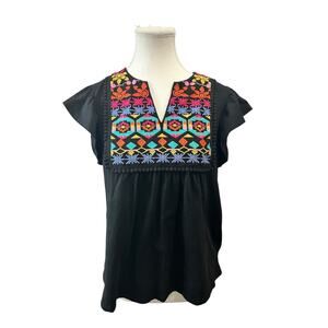 THML Embroidered Flutter Sleeve Black Top Womens Size Small Boho Peasant Style‎